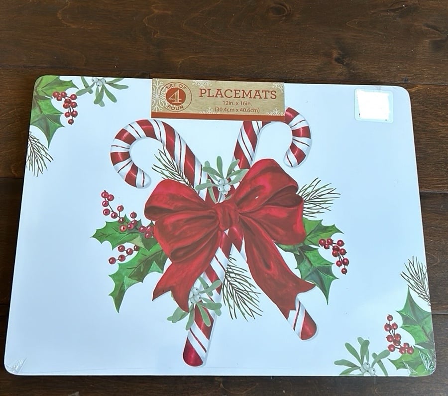 New Benson Mills Set of 4 Christmas Holly Berry Candy Cane Cork Placemats
