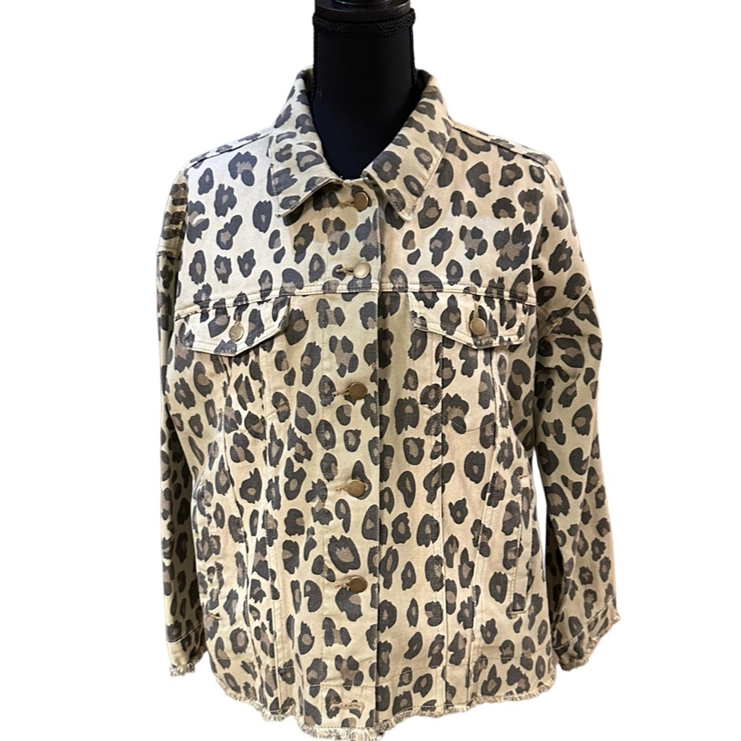 Easel Women's Small Tan and Black Leopard Print Denim Jacket with Raw Edges