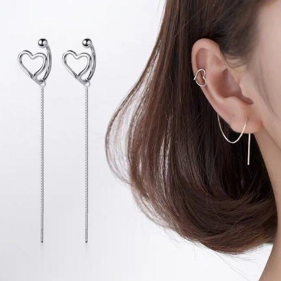 NEW 925 Silver Heart Cuff Chain Earrings