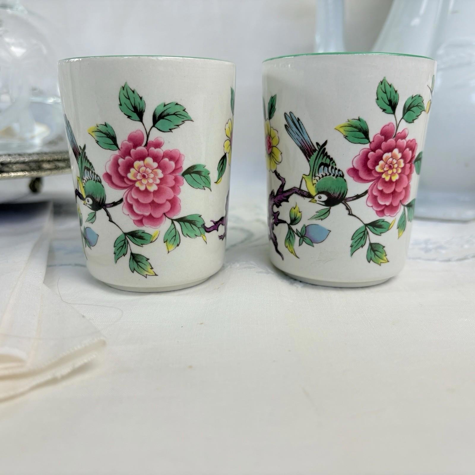 James Kent Old Foley Chinese Rose Set of Two Bathroom Vanity Tumblers VTG