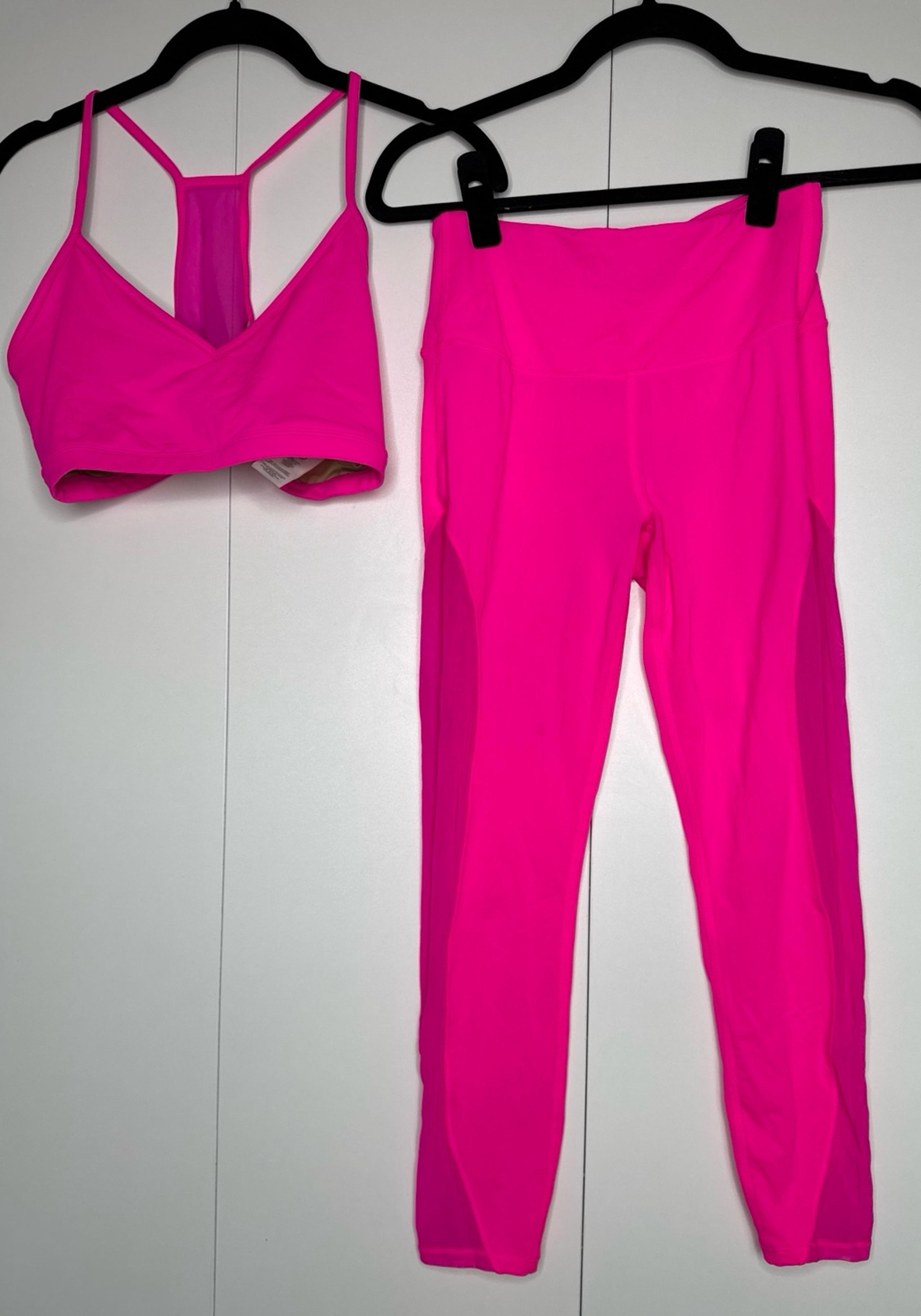 Good American Neon Bright Pink Mesh Detail Sports Bra Sz 4 &  7/8 Leggings Sz 2
