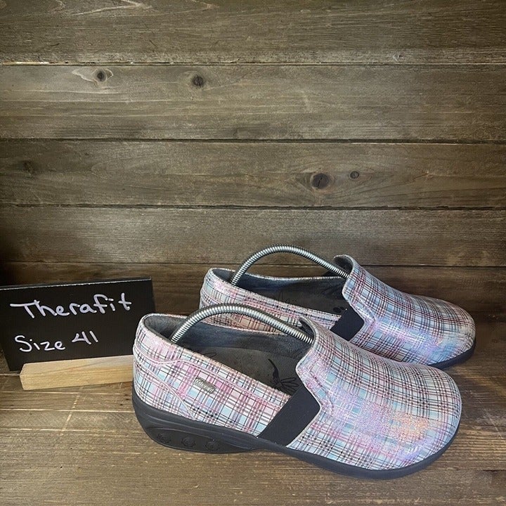 Womens Therafit Annie Leather Plaid Check Comfort Clogs Shoes Size 10.5-11 M EUC