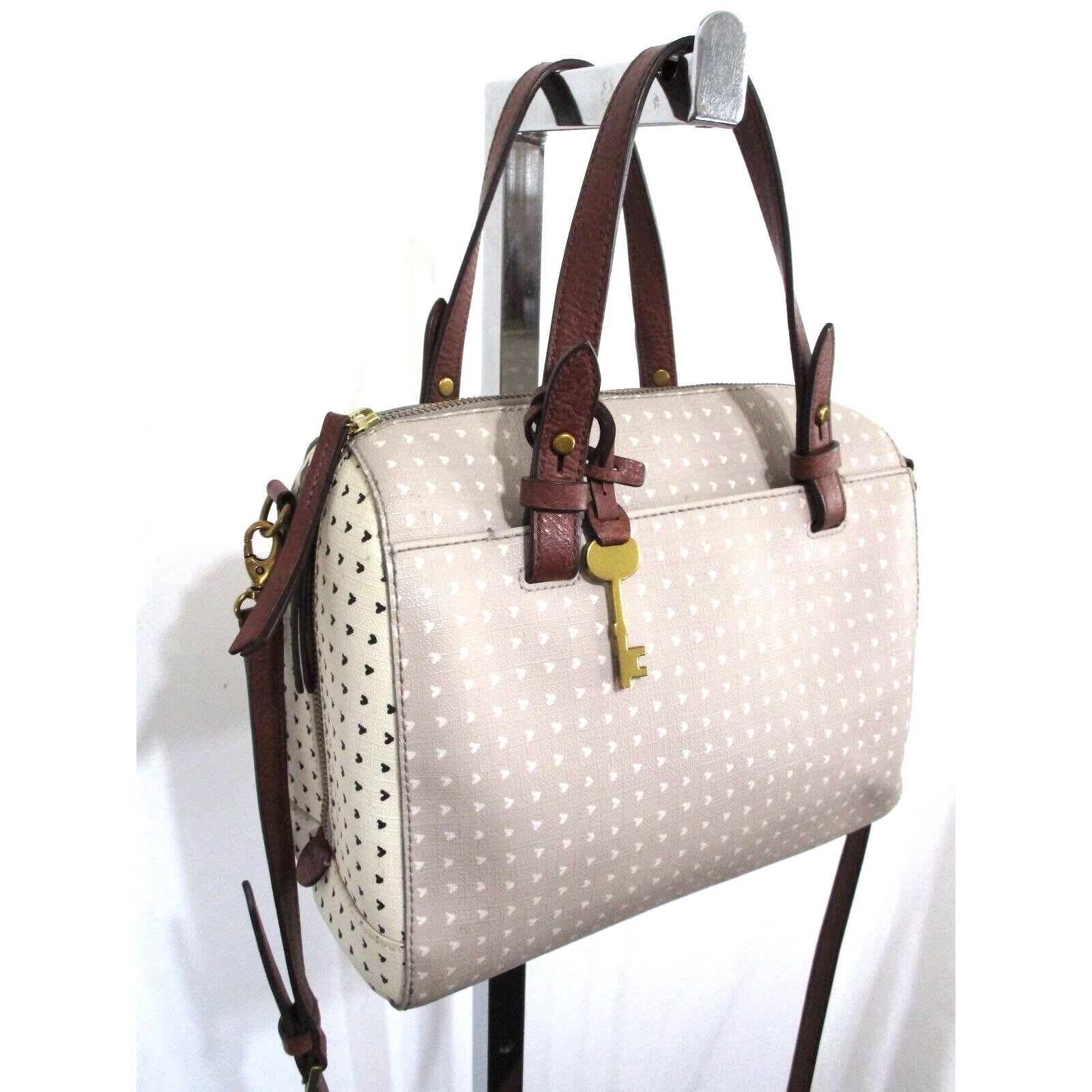 FOSSIL Medium Size Gray & Ivory Small Print Crossbody Satchel Handbag
