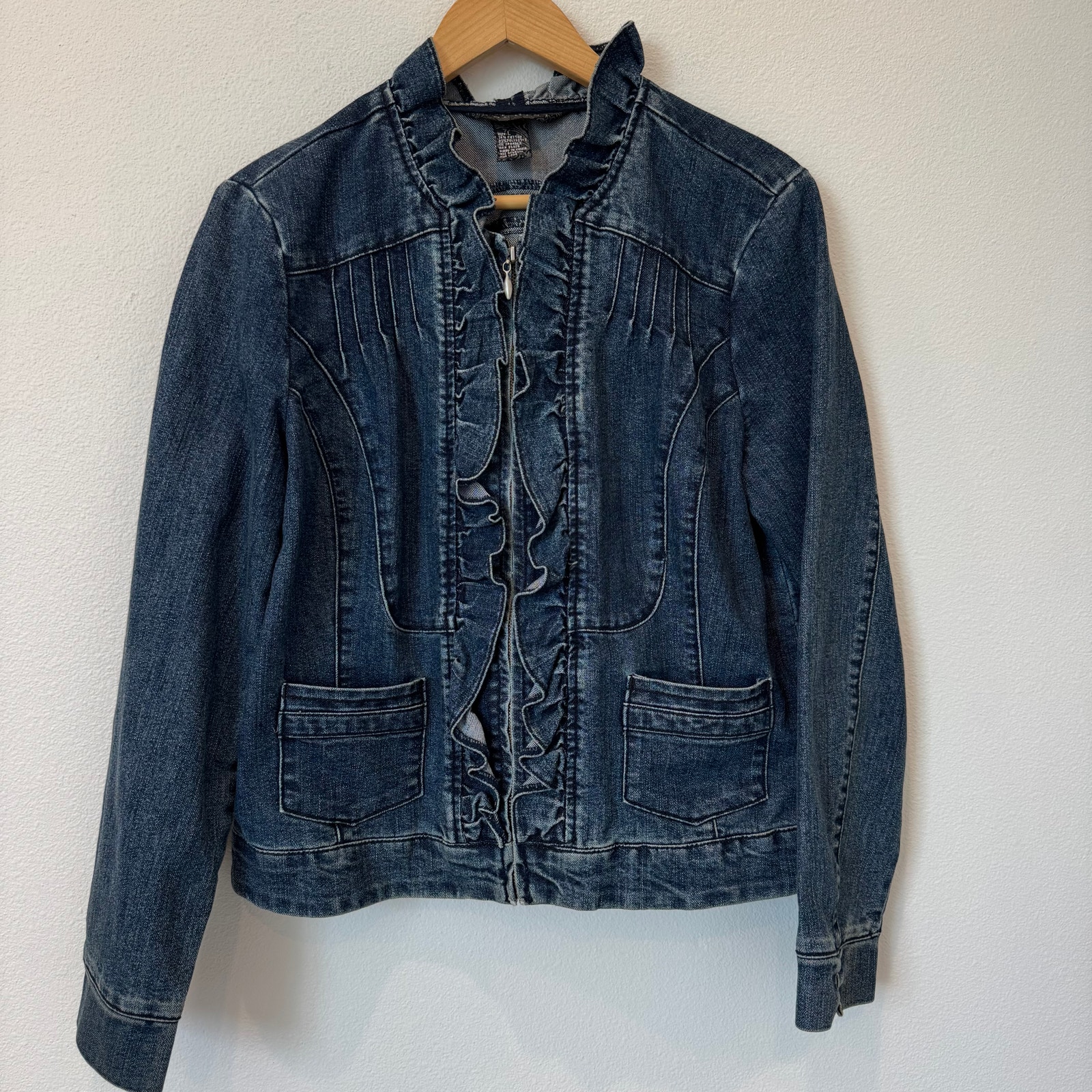 Baccini Denim Jean Ruffle Zip Front Jacket Size Large