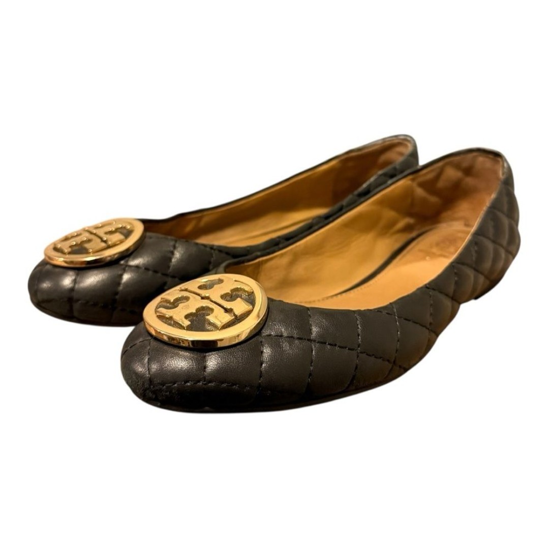 Tory Burch Quilted Benton Flats In Black With Gold Logo Women’s Sz 6