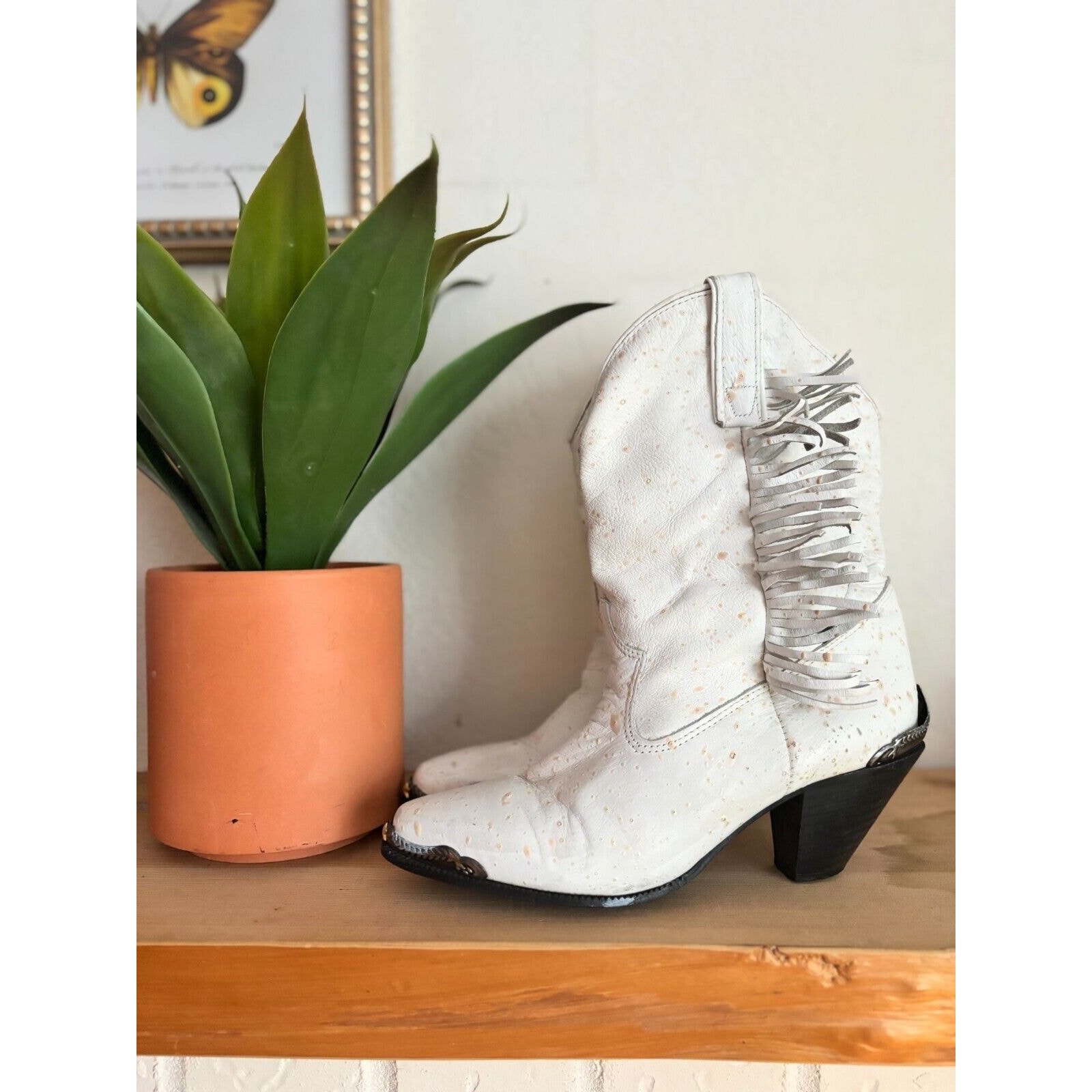 Vintage 80's White Cowgirl Leather Capezio Boots Fringe & Star Accents Size 8