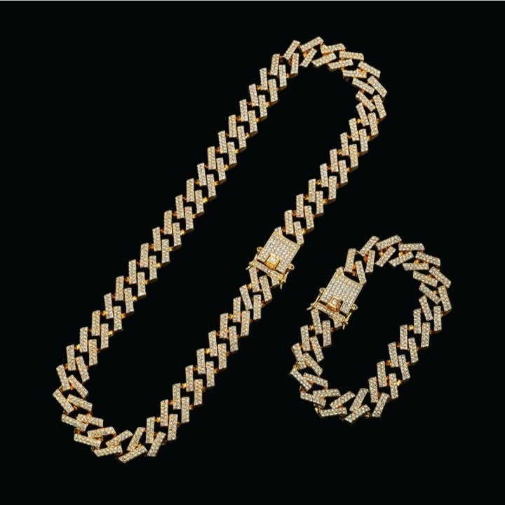 20 & 24 18K Gold Plated 15MM CZ Crystal Iced Out Necklace & Bracelet SET