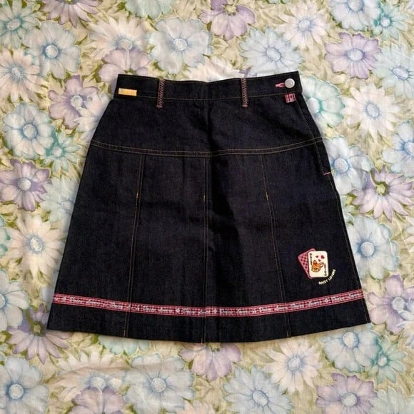 - daisy lover’s cherry pleated dark denim mini skirt - y2k / 2000’s -
