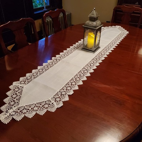 Elegant Vintage White Table Runner 72 inches Long with Exquisite Macrame