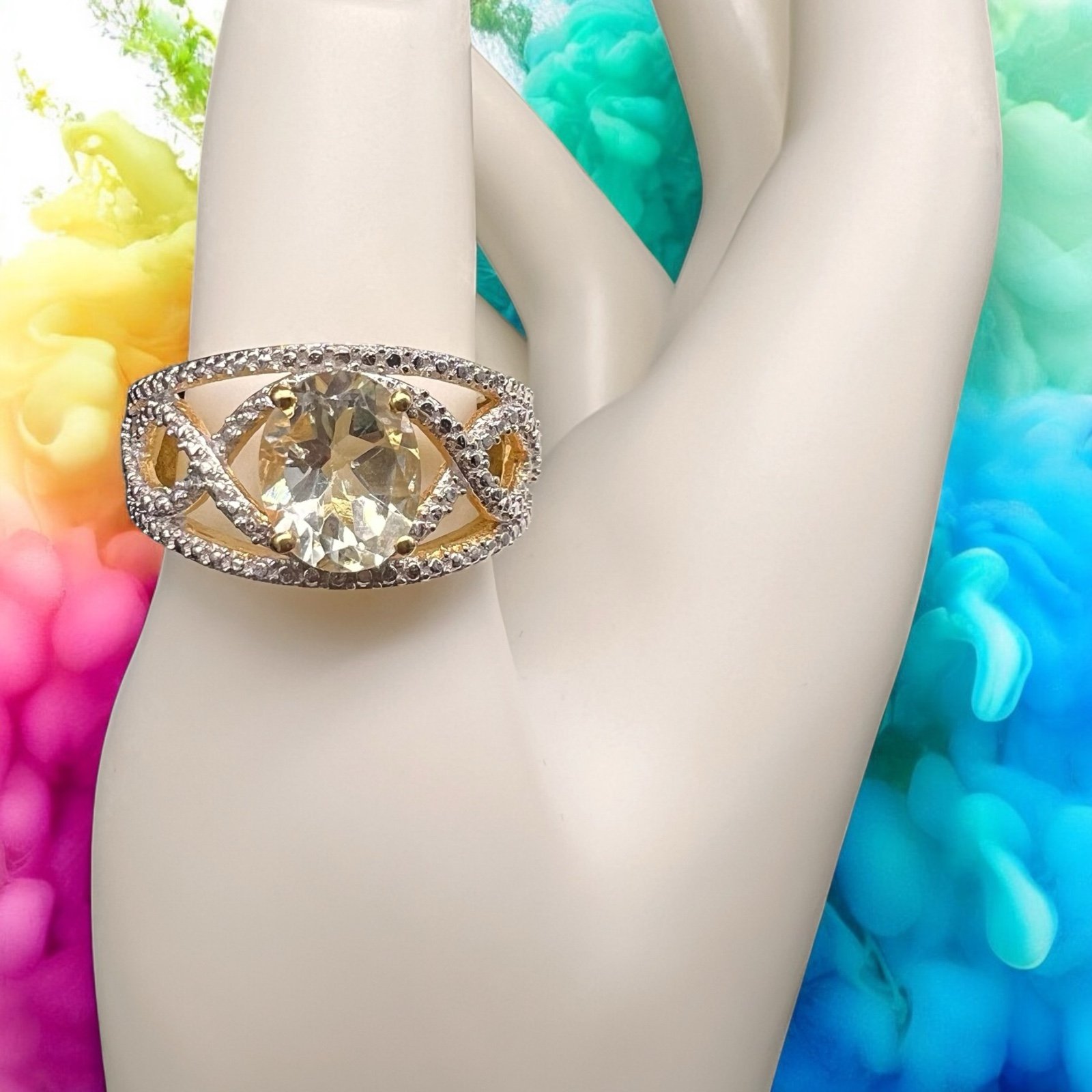 Chuck Clemency STS Karis Green Amethyst Prasiolite Quartz Gold Plated Ring Sz 9