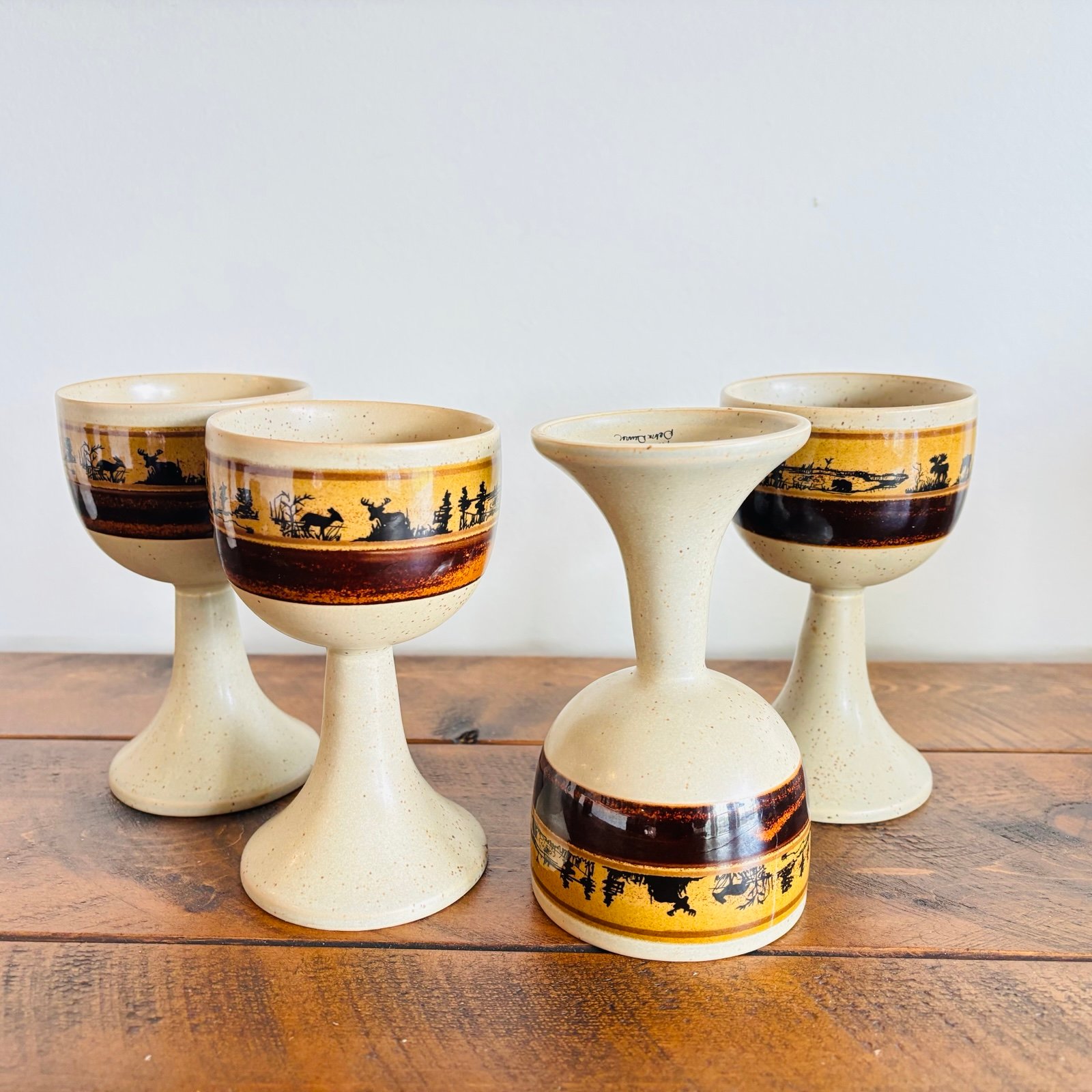 Set of 4 Rustic Stoneware Goblets with Moose/Wilderness Wrapping