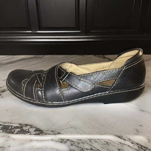 Clarks Black Leather Ballet Flat Strappy Comfort Clog Shoes Size 10