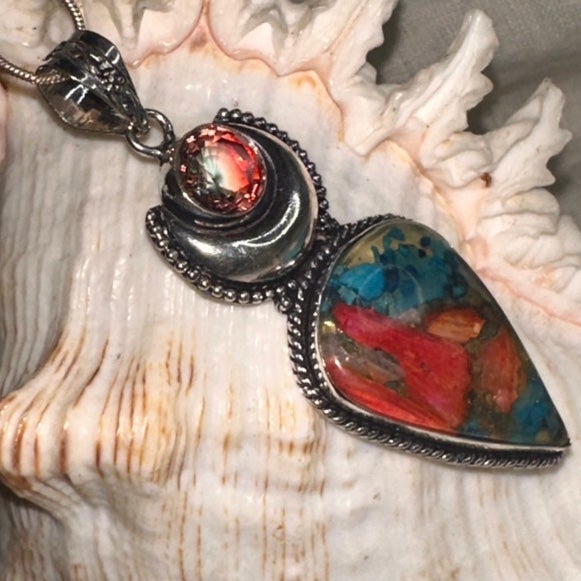 Sale * Spiny Oyster + Mystic Rainbow Topaz Handcrafted pendant