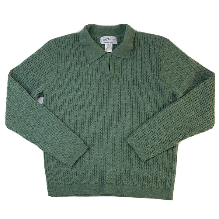 Vintage Pendleton Womens Medium Merino Wool Cable Knit Collared Sweater Green