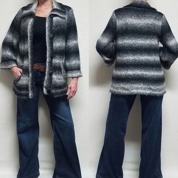 Vintage Wool Blend Grey White Striped Longline Silhouette Draped Collar Cardigan