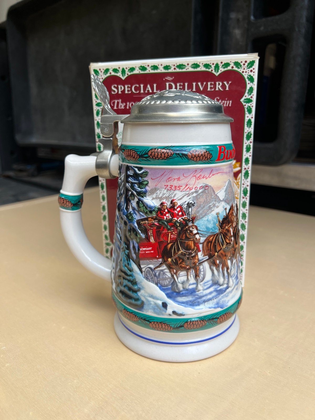 Vintage Budweiser 1993 Special Delivery Holiday Stein SIGNED Artist Nora Koerber