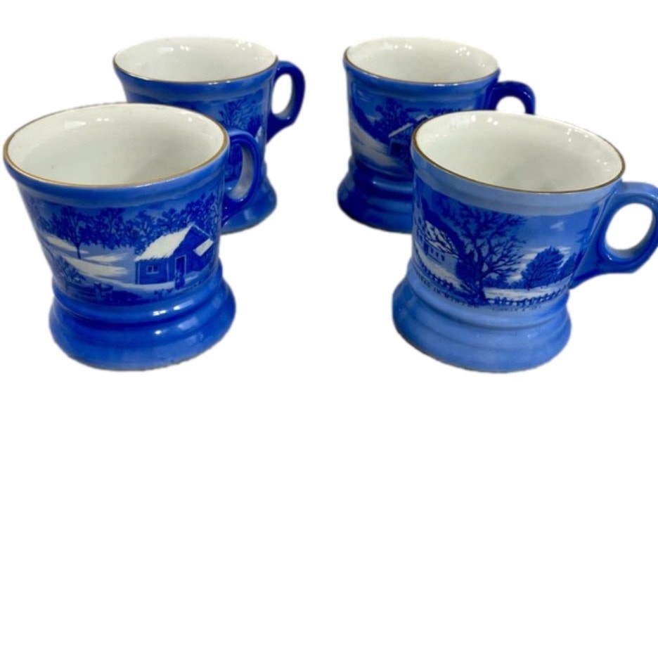 Currier & Ives Winter Farm Homestead Vintage Mugs Blue White Coffee Mug