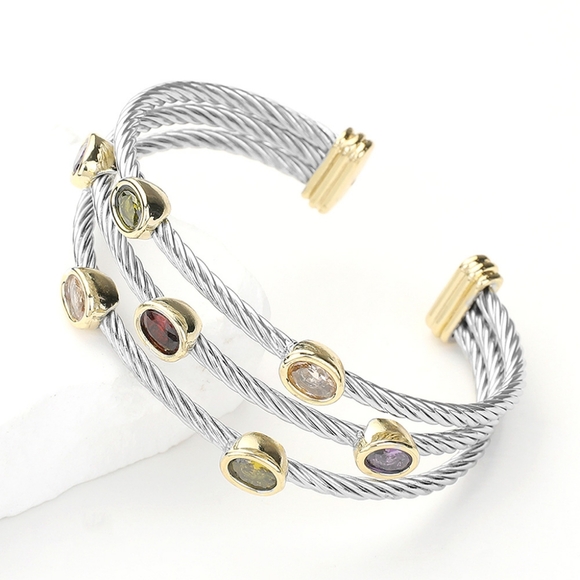 MultiColored Layered Oval CZ Stone Gold Silver Bangle Triple Cable Cuff Bracelet