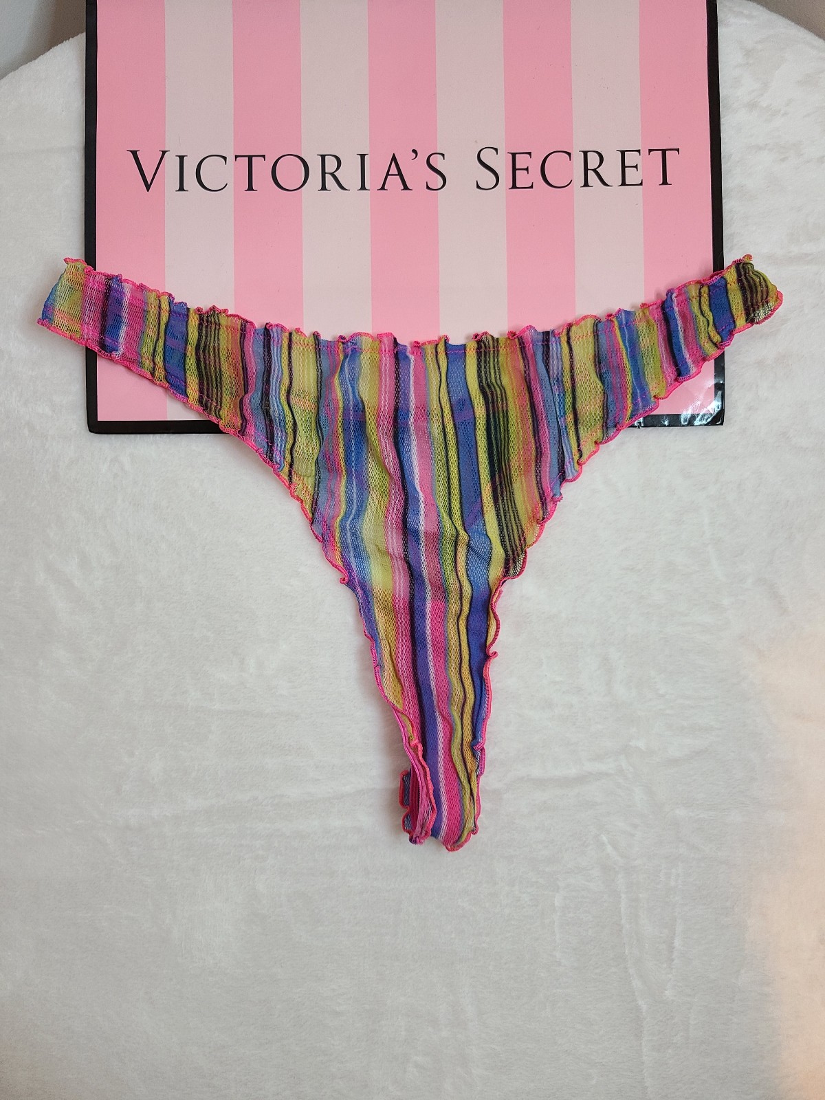 Rare VTG Victoria's Secret Sheer Mesh Ruffle Thong Panty Size Lg Rainbow Stripes