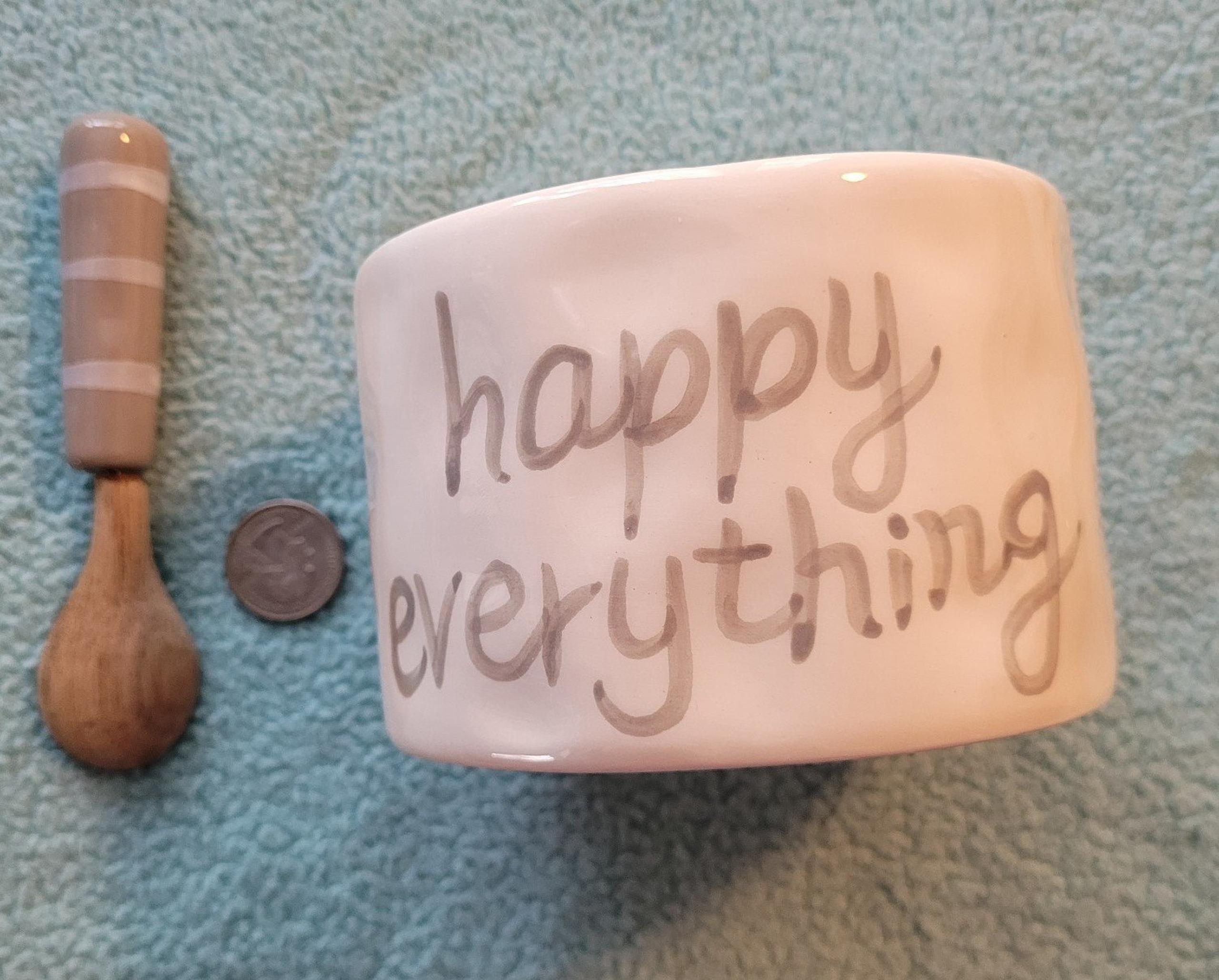 Mudpie bowl & spoon "Happy everything" multicolored handpainted ceramic vintage.