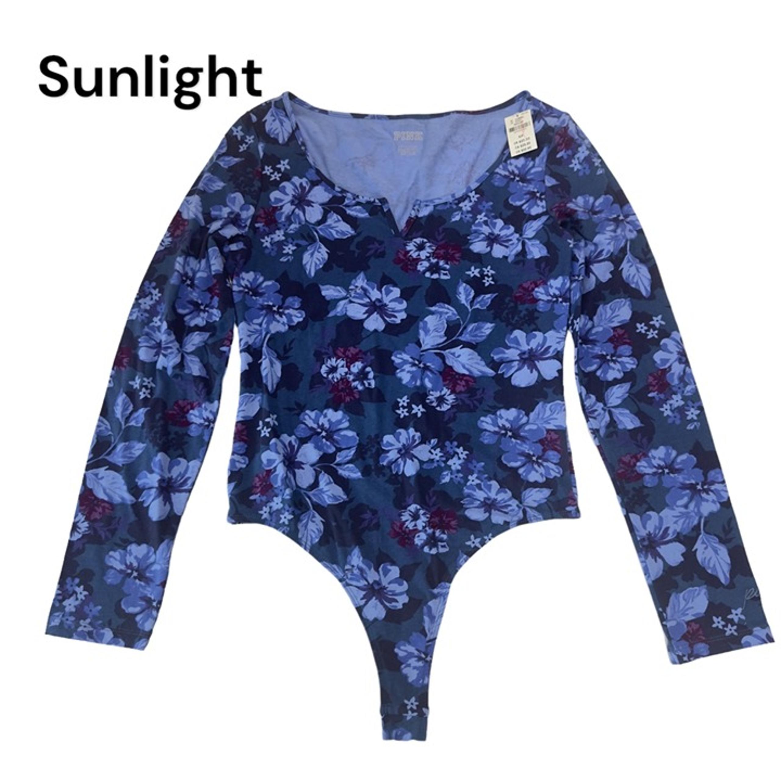 PINK Womens Small Blue Floral Bodysuit Top Long Sleeve Stretch