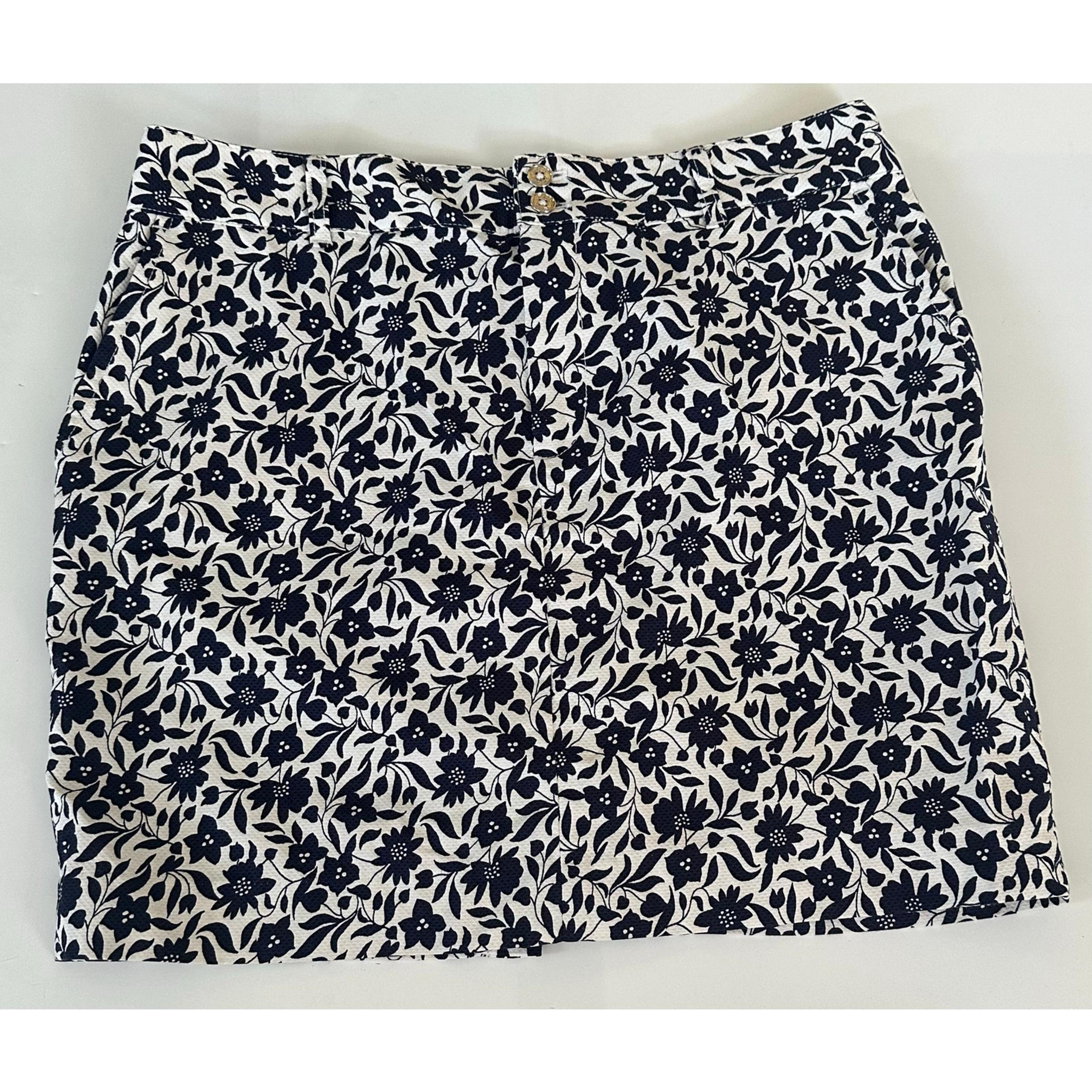 Chaps Women's Sz 12 Pencil Skirt Navy Blue Floral Mini Cotton Zip Preppy Resort