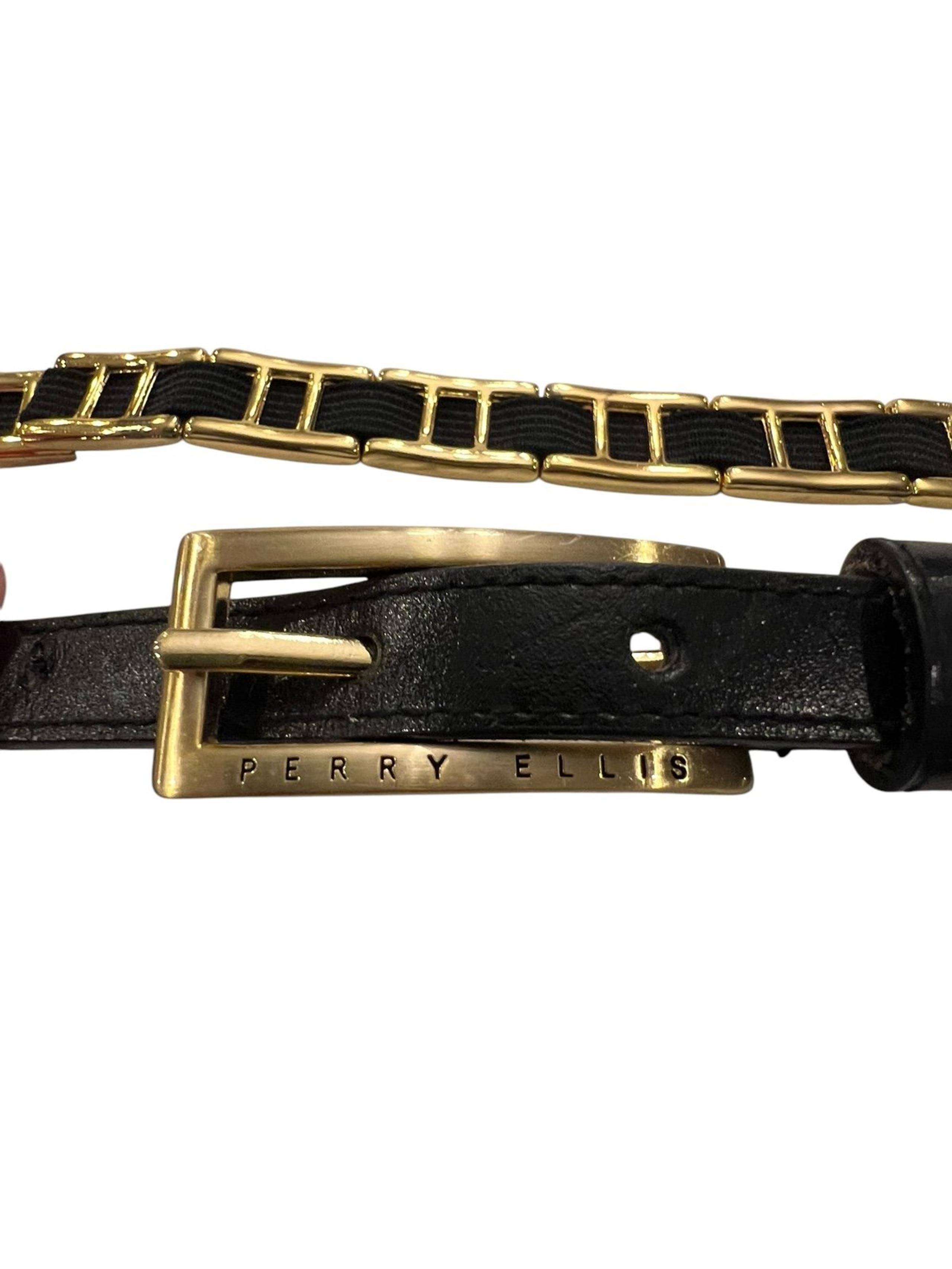 Black Leather Belt Decorative Gold Rectangle Hardware Small Women’s - Perry Ellis