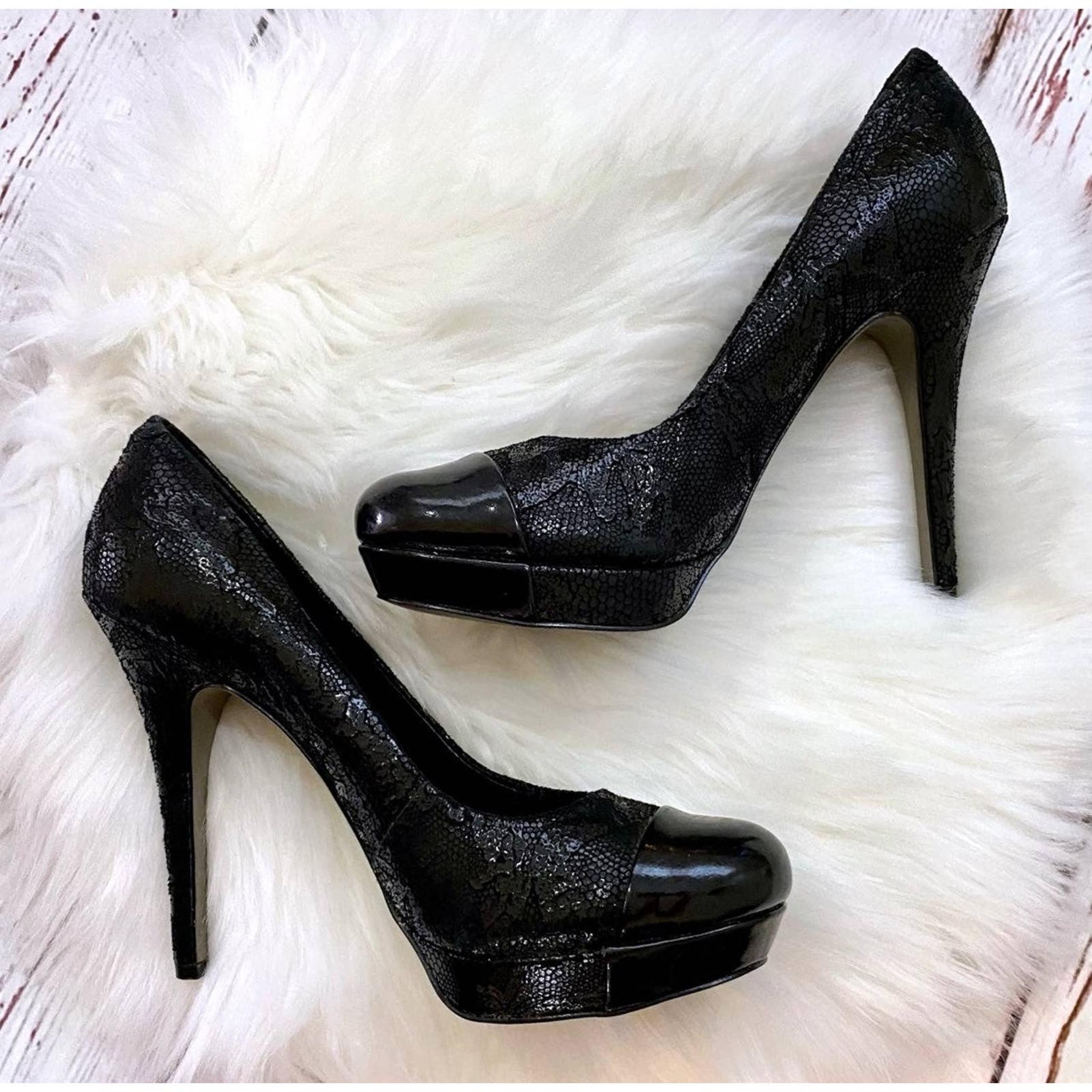 Arturo Chiang Shiny Black Lace Pattern Patent Toe Stiletto Heels