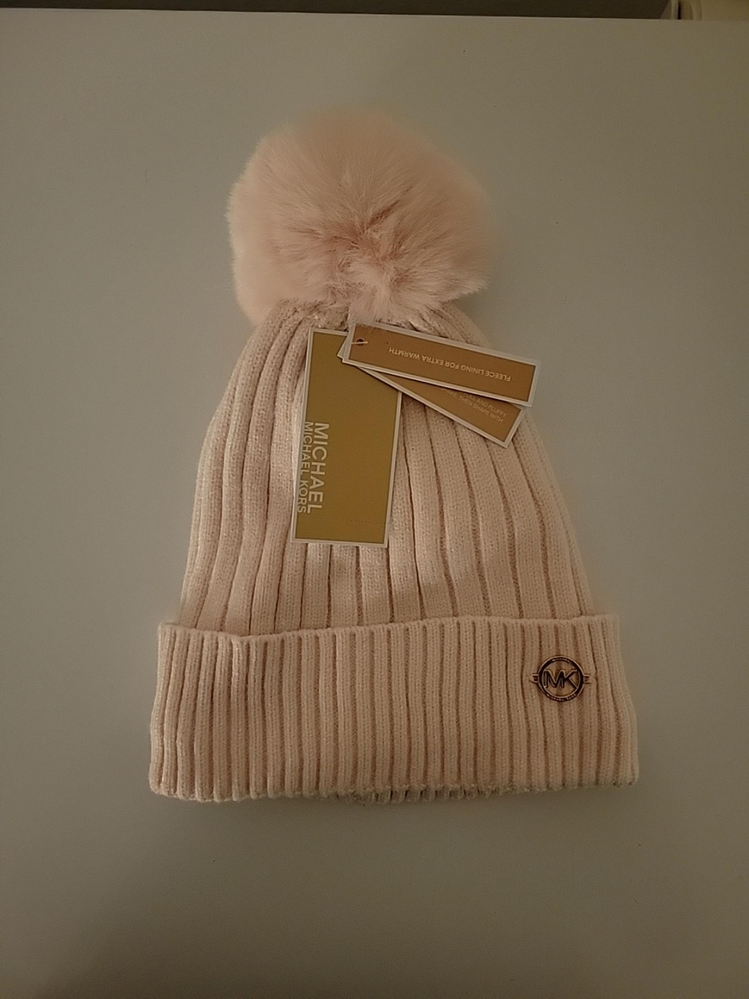 Michael Kors Pink Ribbed Knit Cuffed Beanie Hat Lined With Pom Pom OS NWT