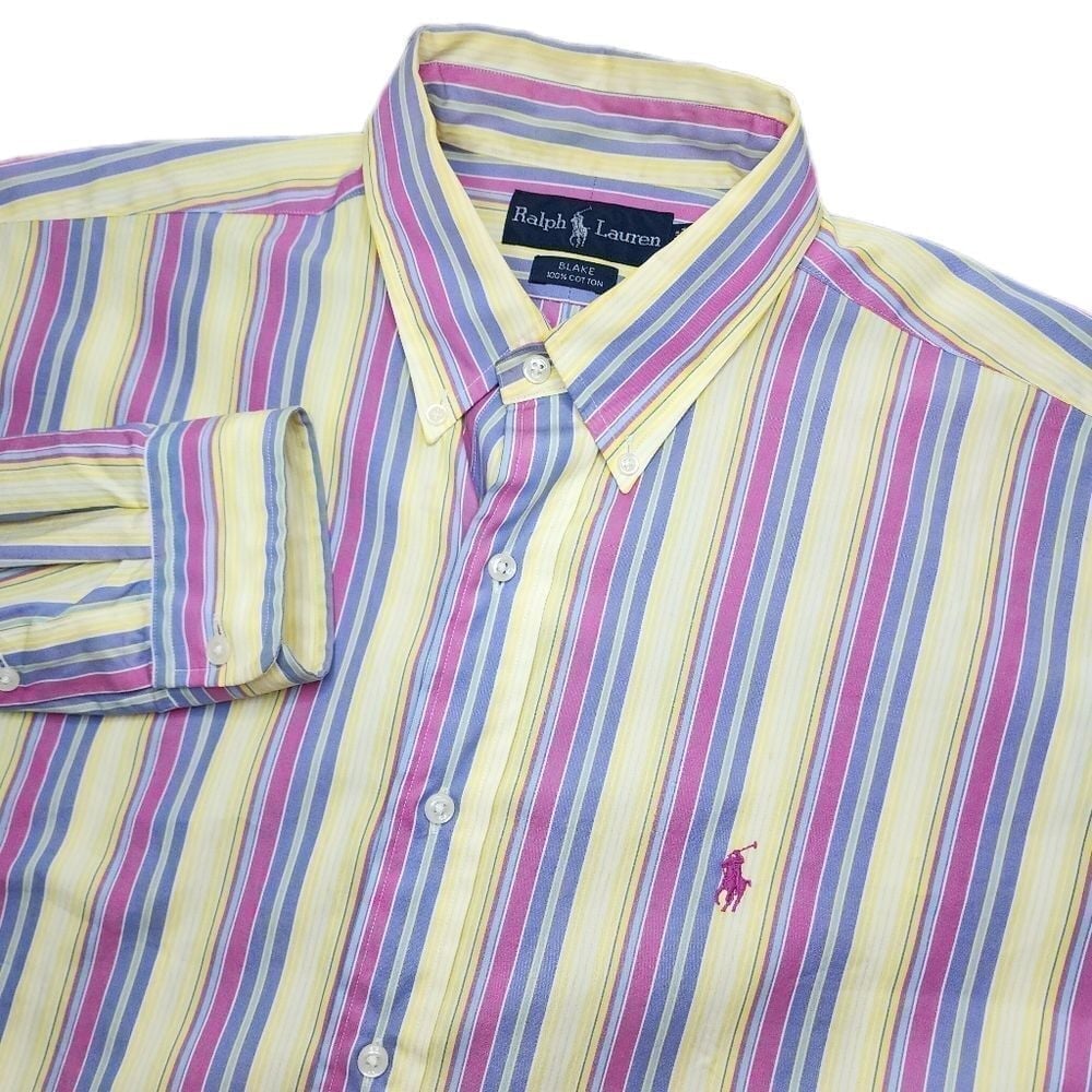 Polo Ralph Lauren Mens Large Pink & Yellow Striped L/S Blake Button Up Shirt