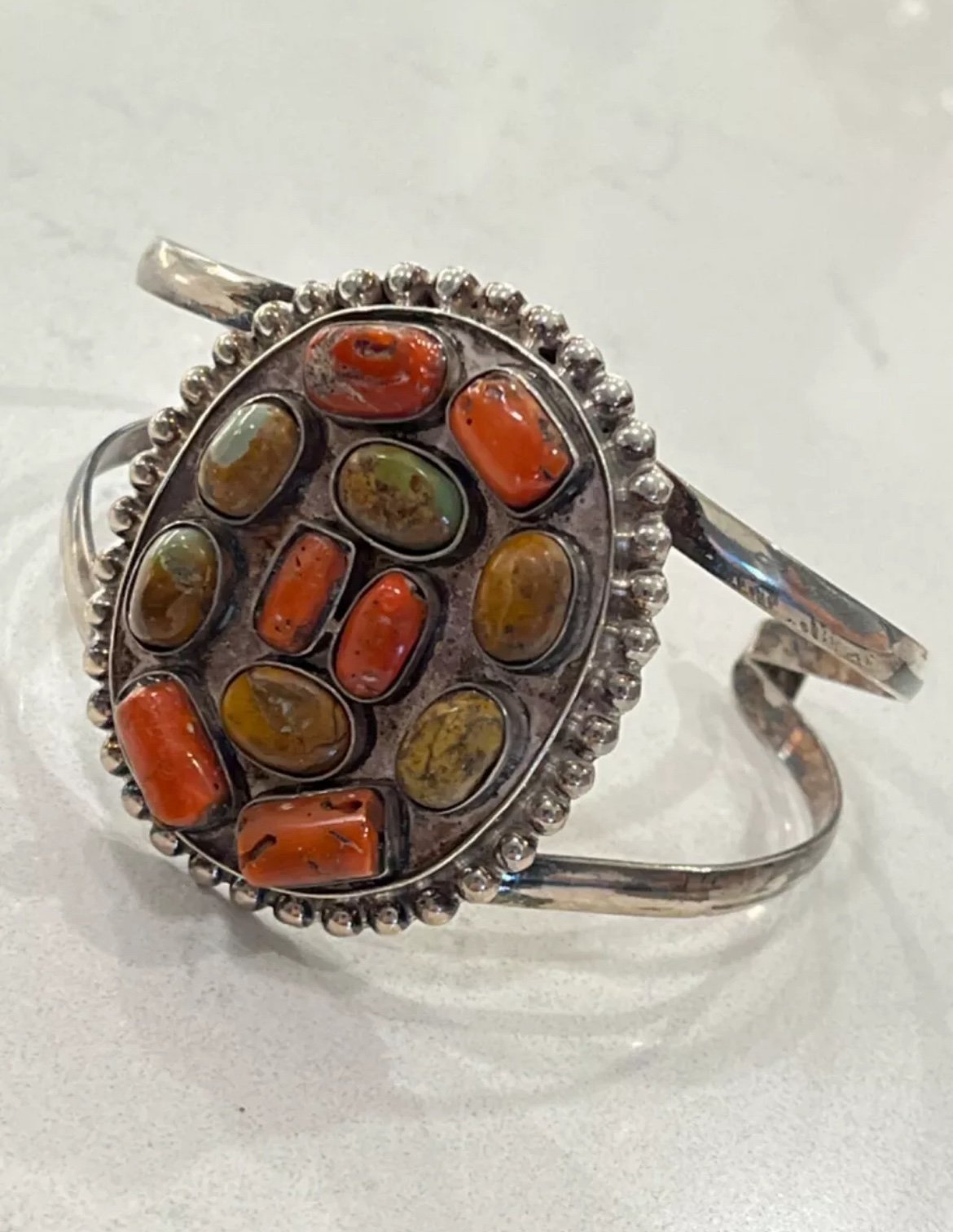 Old pawn sterling turquoise coral HUGE 7.25 cuff bracelet 062624aG@