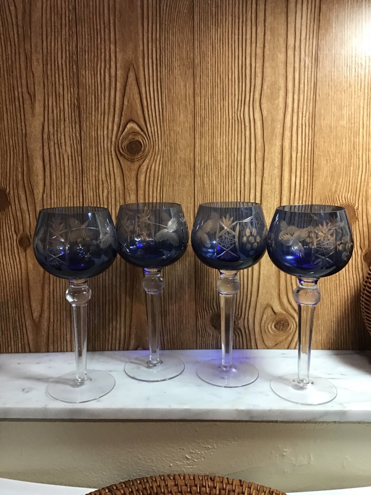 Vintage Bohemian Czech Cut to Clear Blue 8.50” Wine Glasses set of 4