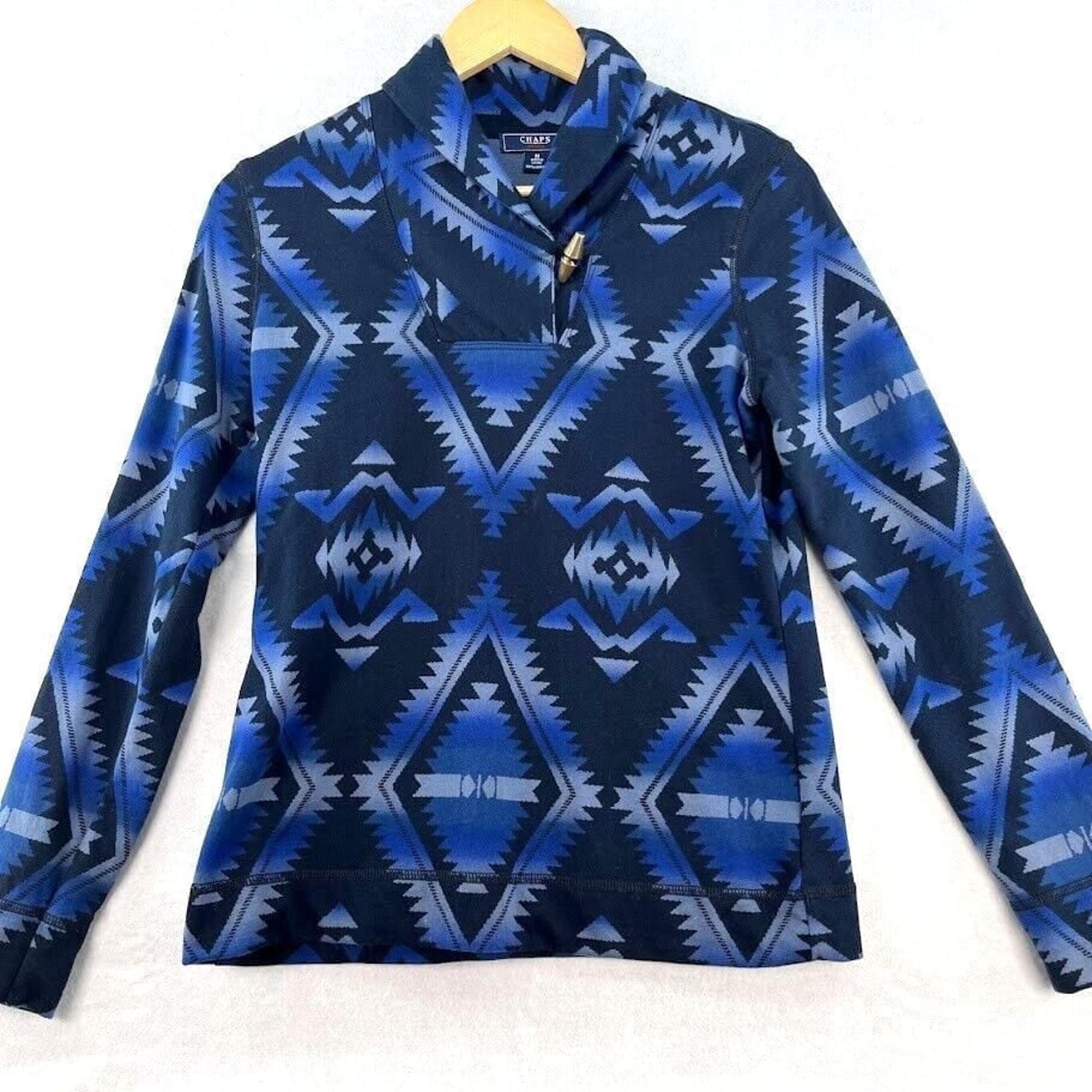 Chaps Women's Cowl Neck Toggle Button Pullover Light Sweatshirt Aztec Blue Med.