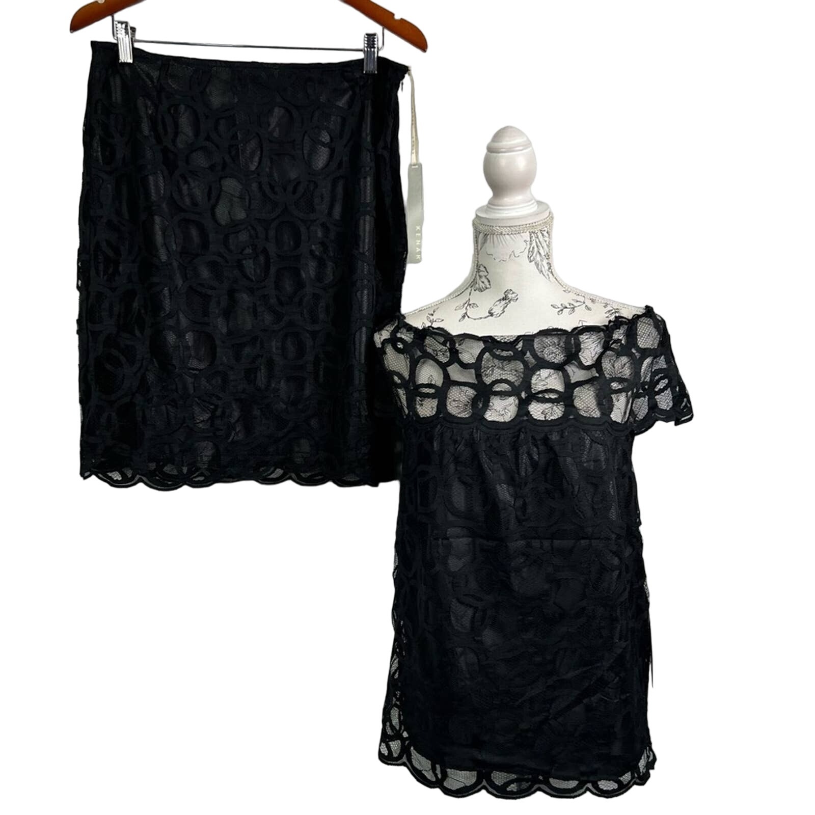 Vintage Kenar Black Lace Top & Skirt Set - 2 Pieces NWT