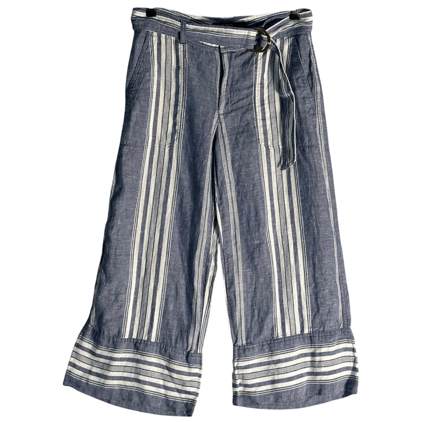 Lauren Ralph Lauren Sz 4 Cropped Wide Leg 100% Linen Pants Belted Striped Preppy