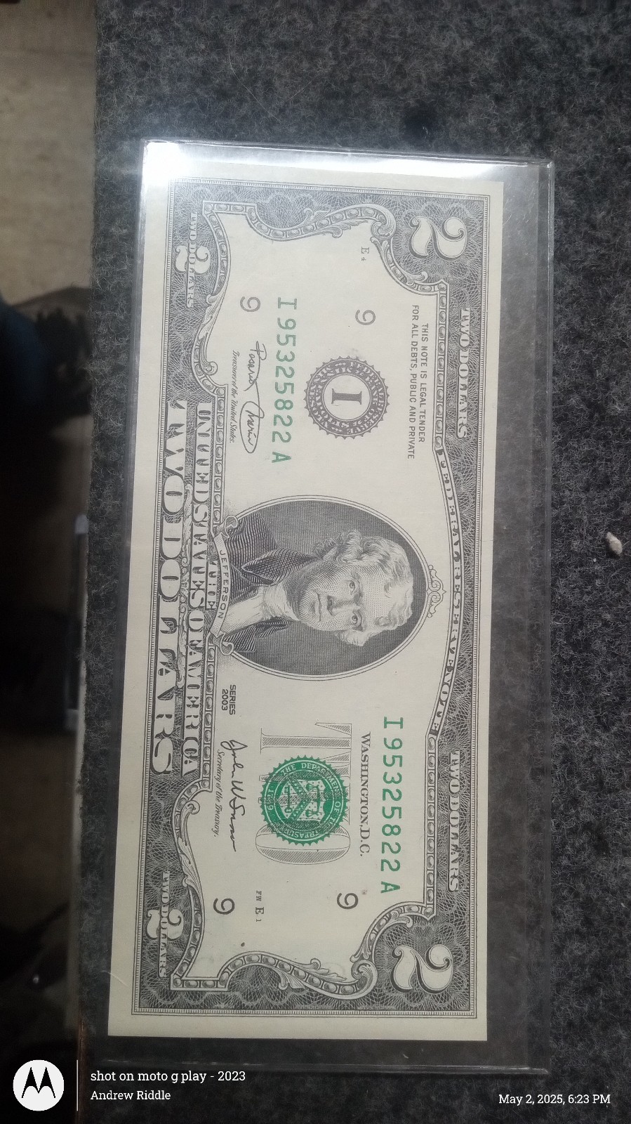 2 dollar bill colored authentic bill