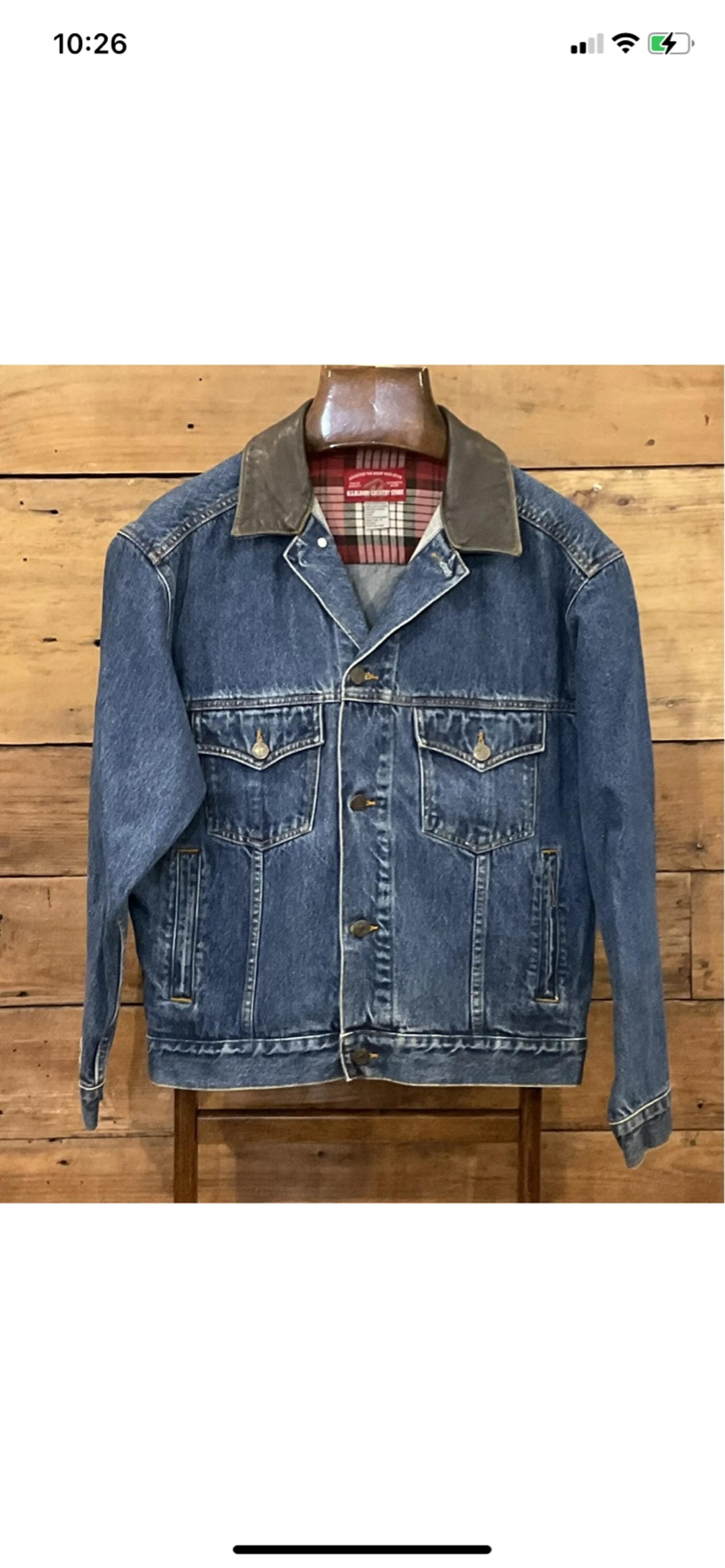 VTG Marlboro Country Store Mens L Denim Jean Trucker Jacket Leather Collar 90’s