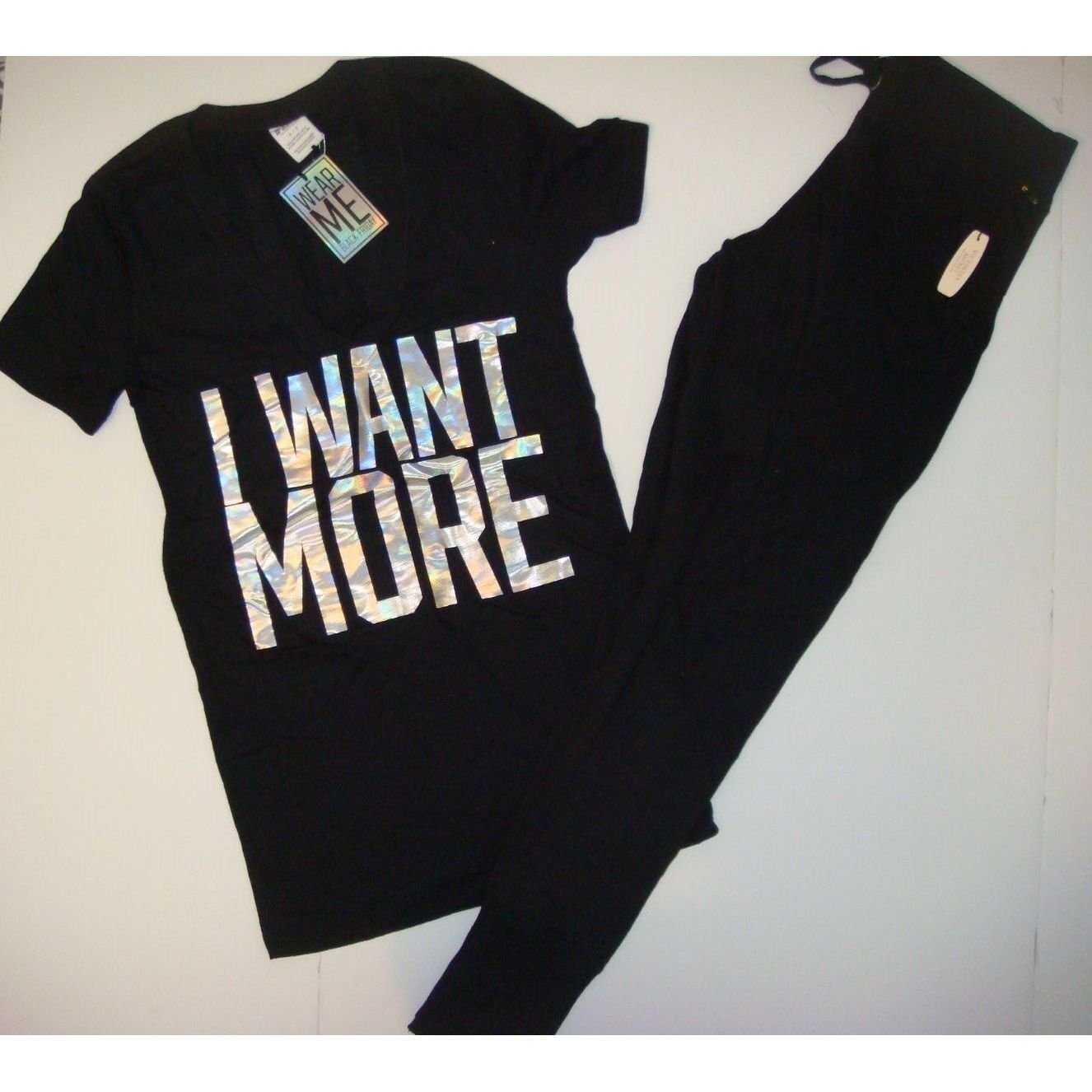 Victoria's Secret S SHIRT+XS sweat pants BLACK FRIDAY silver foil I WANT MORE