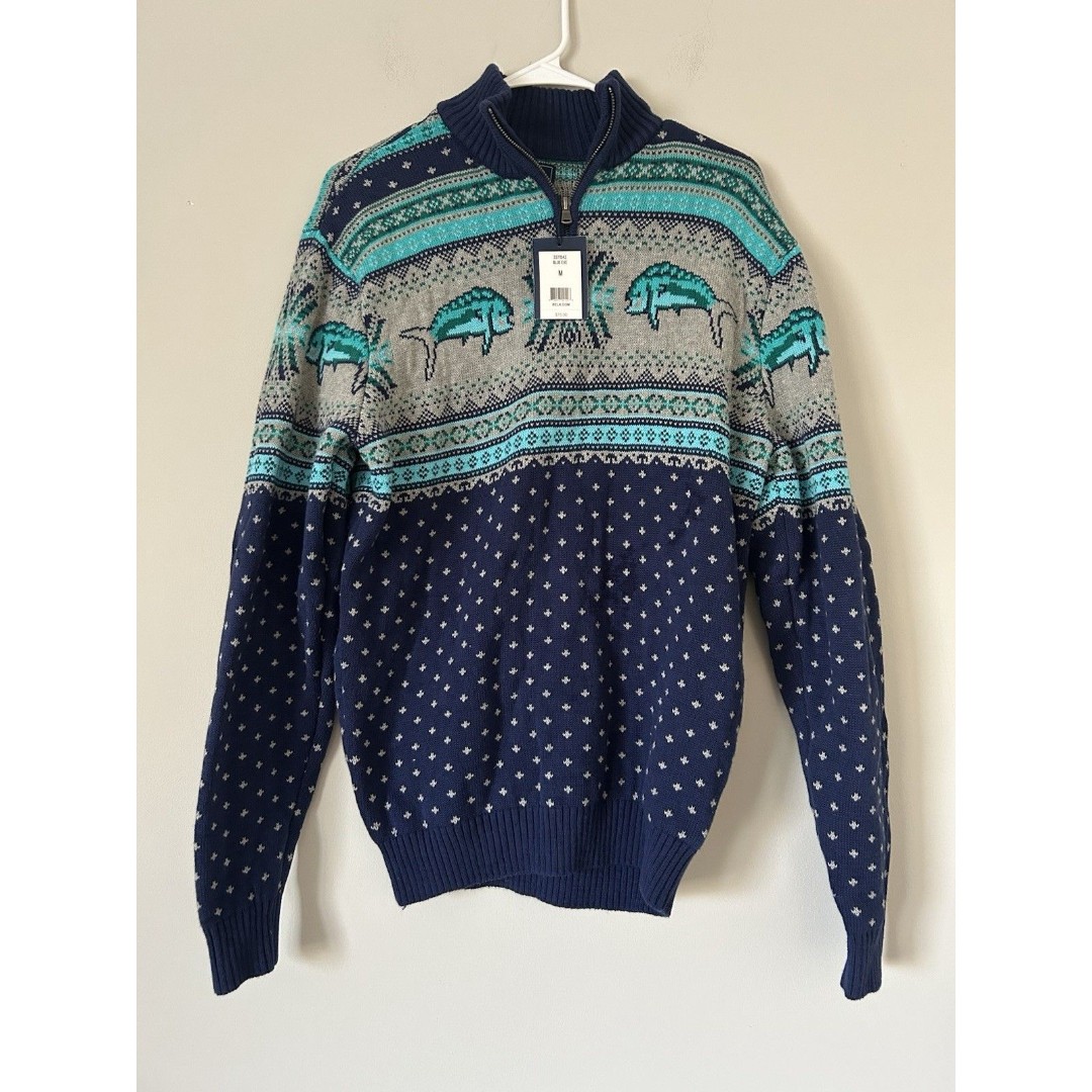 Men’s New Crown & Ivy Fish Pattern Quarter Zip Sweater Size Medium Preppy