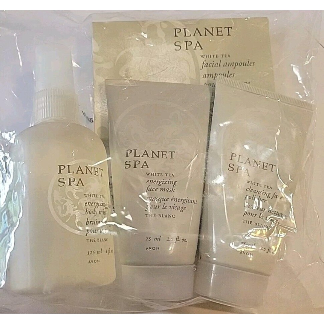 Avon Spa Planet White Tea Set NOS Face Mask Polisher Body Mist set 2003