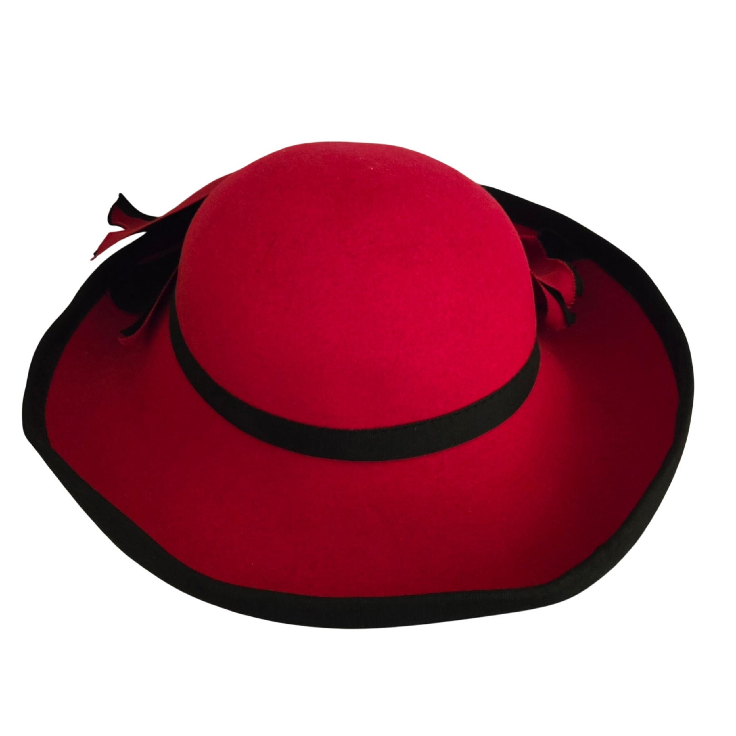 Vintage Adolfo II Red Hat with Black Outlines and Red and Black Bow 100% Wool