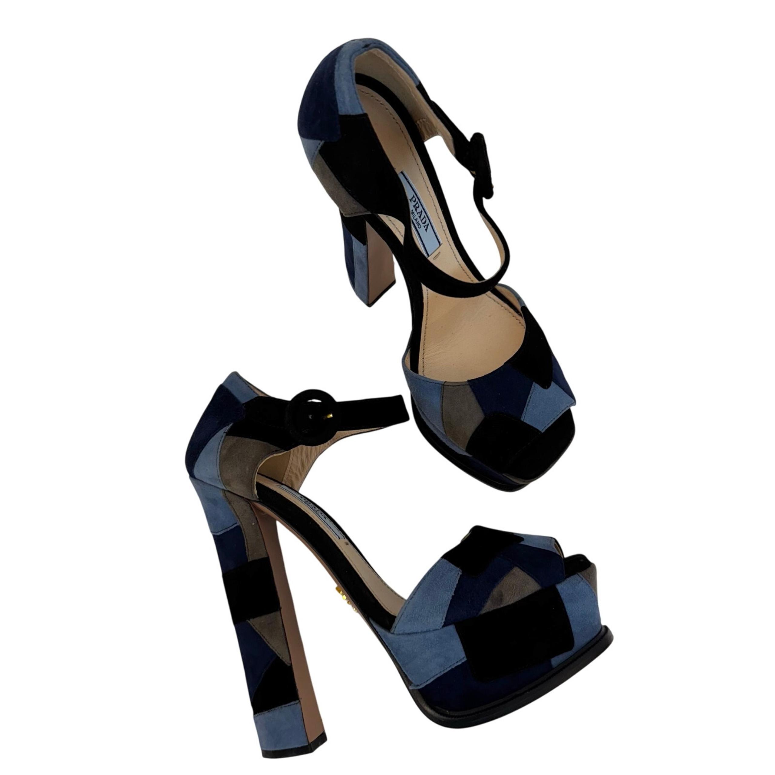 Pra­da Patchwork Suede d'Orsay Blue Sandals Stiletto Platform Heels 36 (US 6)