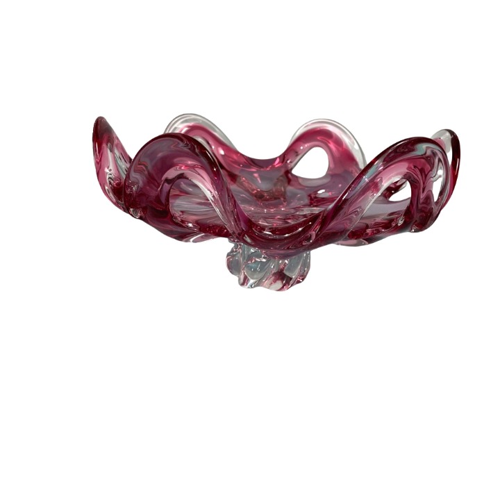 Vintage Art Glass Centerpiece Bowl Pink Cranberry Mid Century Modern Free Form
