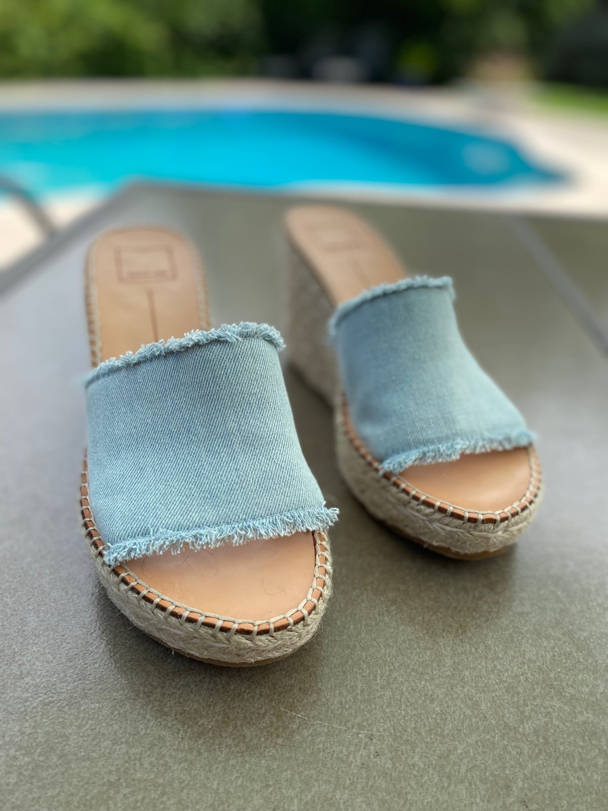Dolce Vida Denim High Heel Espadrille Wedge Slides