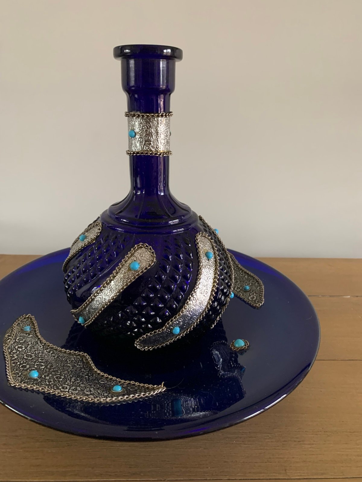 Beautiful unique cobalt blue Middle Eastern glass carafe/vase with matching base