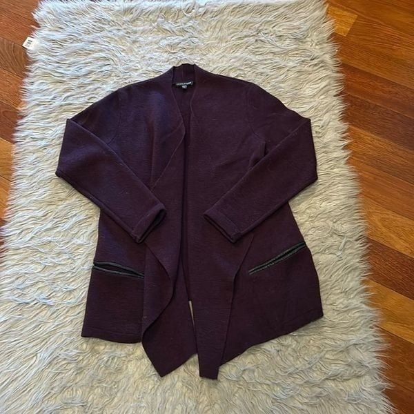 Eileen fisher merino wool and leather purple open flowy cardigan