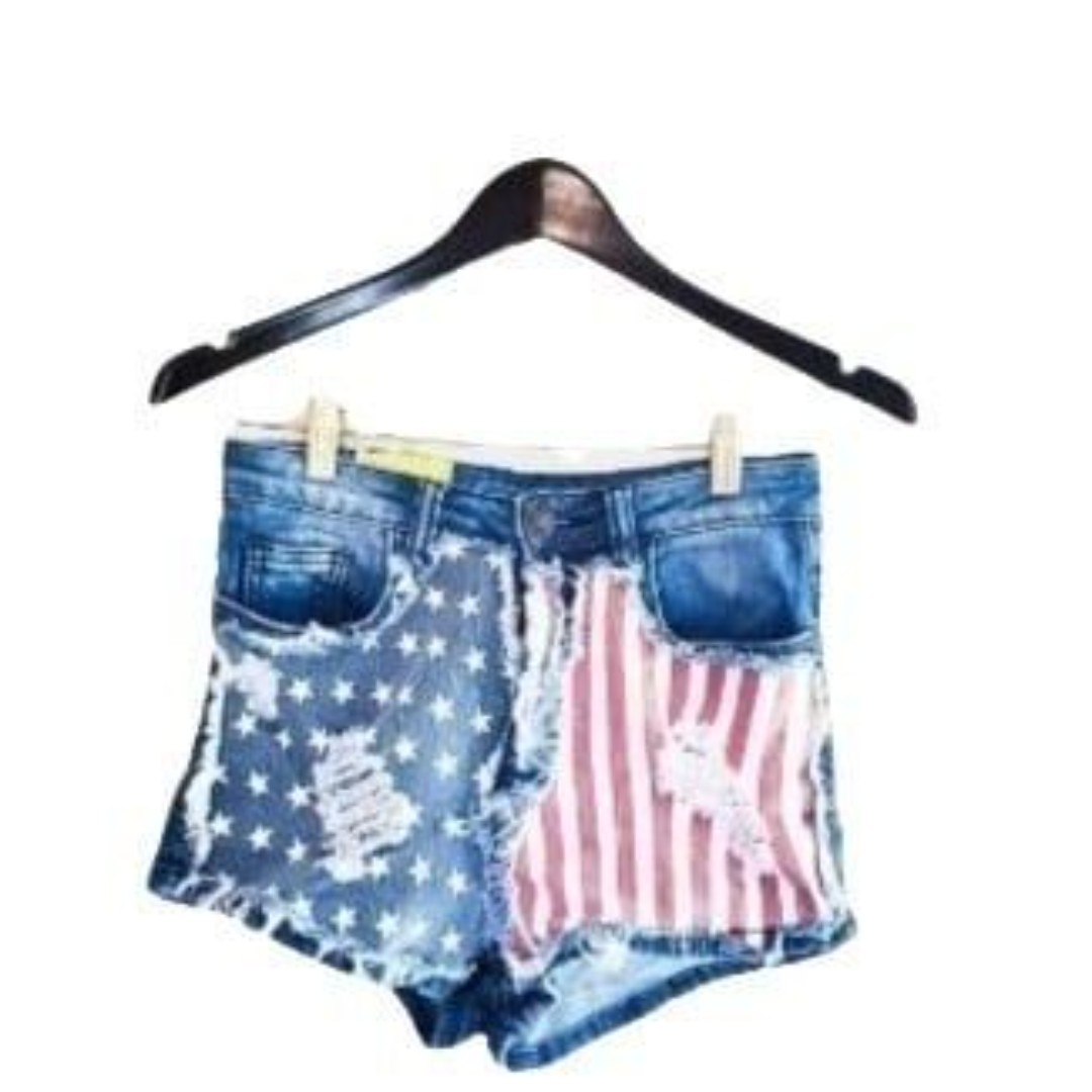 Machine Womens Shorts Blue 28 Flag Distressed Booty Jean High Waisted