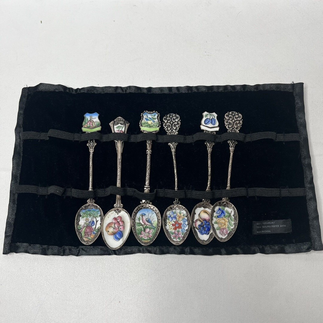 Set Of 6 Vintage Enameled Demitasse Floral Art Spoons Czechoslovakia With Case