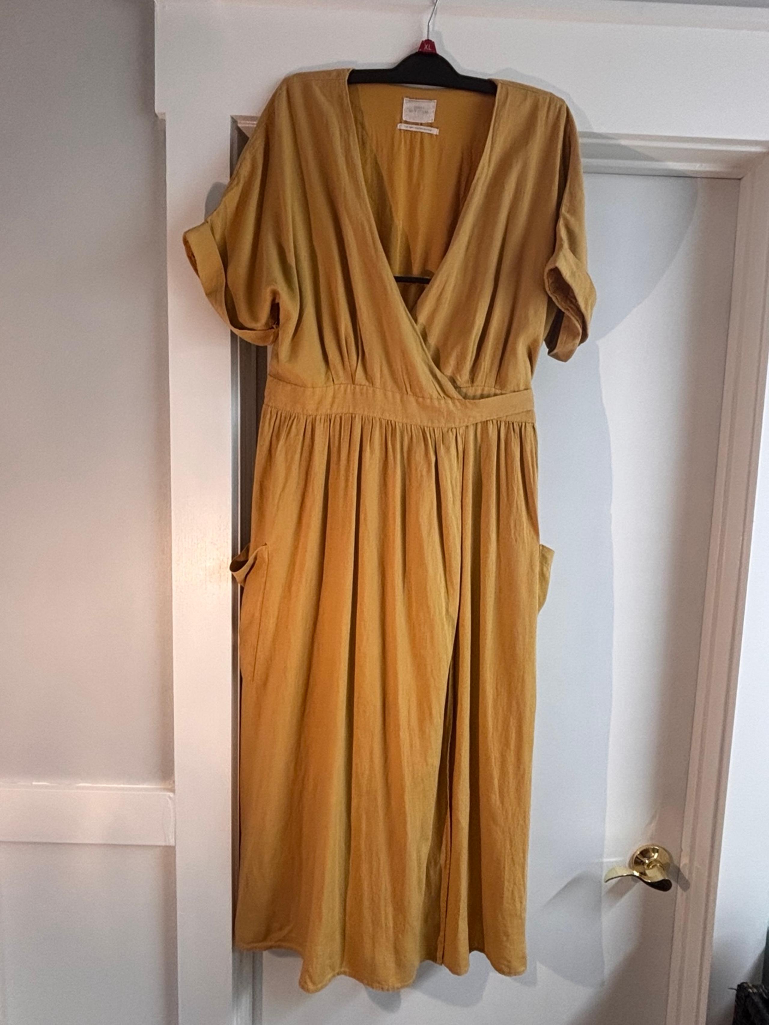 Urban Outfitters Gabrielle Mustard Yellow Wrap Midi Dress Size Large W Pockets