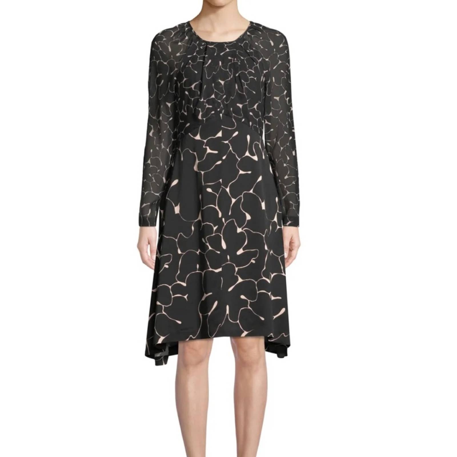 NWT Club Monaco Rokinsa Long Sleeve Black Mix Silk Dress sz 0